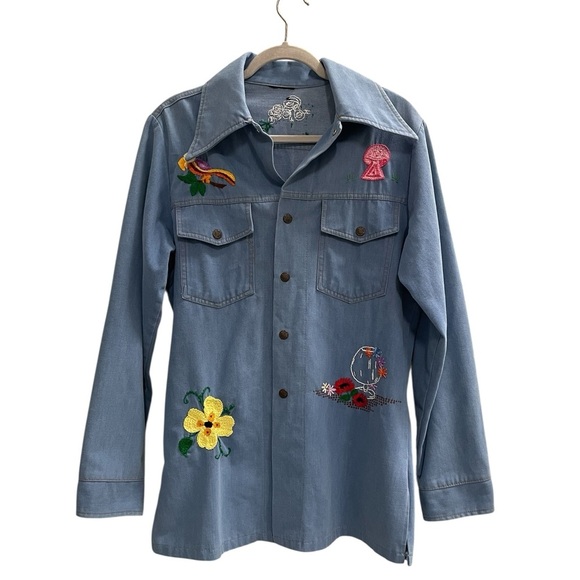 Vintage Hand Embroidered Denim Shirt Jacket Size Large Estimated - Picture 2 of 12